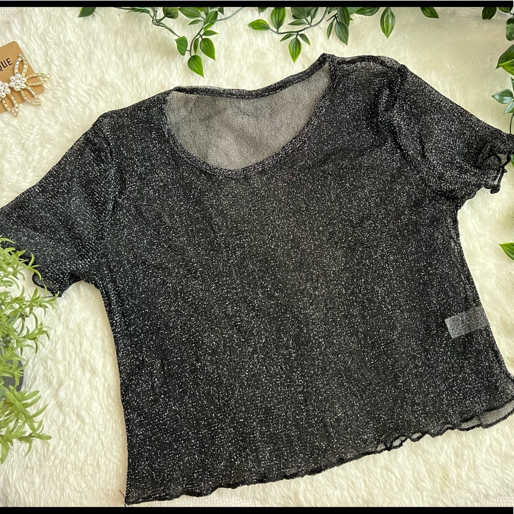 SHEIN GLITTER SHEER MESH LETTUCE EDGE